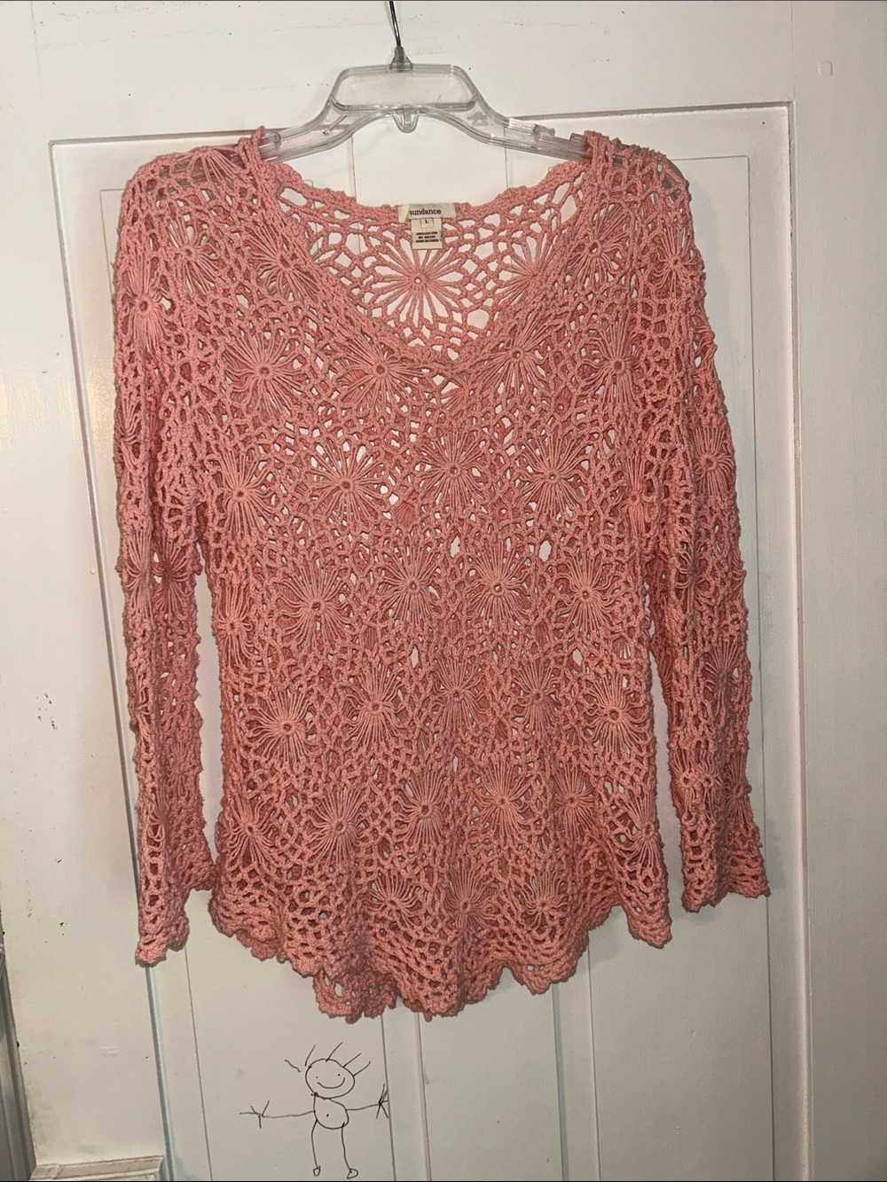 Sundance Women Crochet Floral Openwork Tunic Pink Large Cottage Boho Cotton